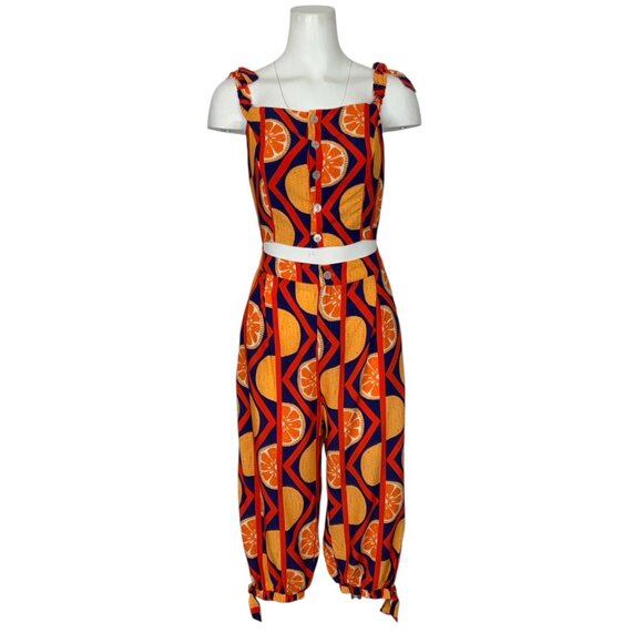 Frida Tropical Jumpsuit M Blue Novelty Orange Fruit Print Sleeveless Cropped - Picture 3 of 14